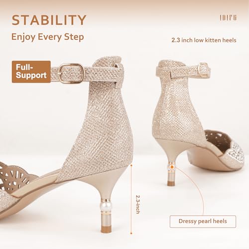 IDIFU Women's IN2 Candice Wedding Rhinestones Sequins Low Kitten Heels Pumps Dress Evening Shoes for Women Bridal Bride Gold 7.5 B(M) US