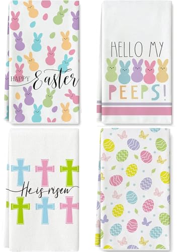 Fhasmy 4PCS Easter Kitchen Towels for Home Decor Carrot Egg Bunny Floral Dish Towels 18x28 Inch Ultra Absorbent Cleaning Drying Cloth Hand Towel for Kitchen Bathroom Party Easter Decorations