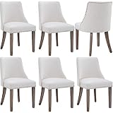 LZAREAL Linen Dining Chairs Set of 6 Upholstered Accent Chair with Nailhead Trim & Solid Wood Legs,