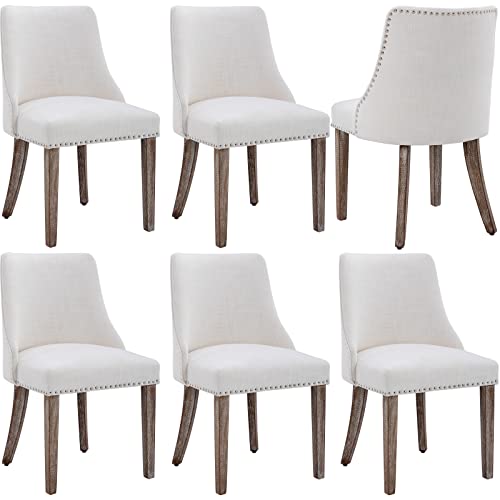 Lzareal Linen Dining Chairs Set Of 6 Upholstered Accent Chair With Nailhead Trim & Solid Wood Legs, Mid Century Modern Side Chair For Kitchen/Dining/Living/Bedroom, Linen Cream #TOP15