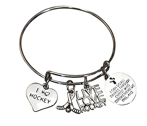 Personalized Hockey Bracelet, Christian Faith Charm Bangle, I Can Do All Things Through Christ Who Strengthens Me Phil. 4:13 Scripture Jewelry, Ice Hockey Gifts For Women and Girls