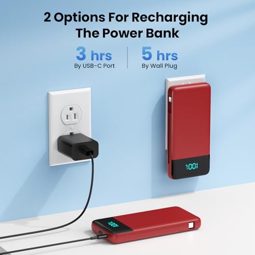 Image of Portable Charger for iPhone,13800mAh Slim Power Bank with Built-in Cables & AC Wall Plug,All in One 4 Outputs USB C Fast Charging Battery Pack Travel Essential for iPhone 17 /16 /15 /14,Android (Red)