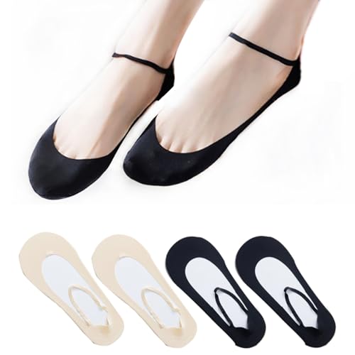 Image of 4 Pairs No Show Thin Socks with Sling Non-Slip Invisible Sock Ice Silk Ultra Low Cut Liner Socks for Girls Women (2 Pairs Black+2 pairs Beige)