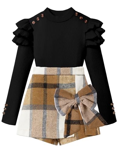Image of Girls Clothes 2 Piece Ruffle Long Sleeve Shirt Top and Bow Plaid Skirt Set Girls Fall Winter Outfits 6-16 Years
