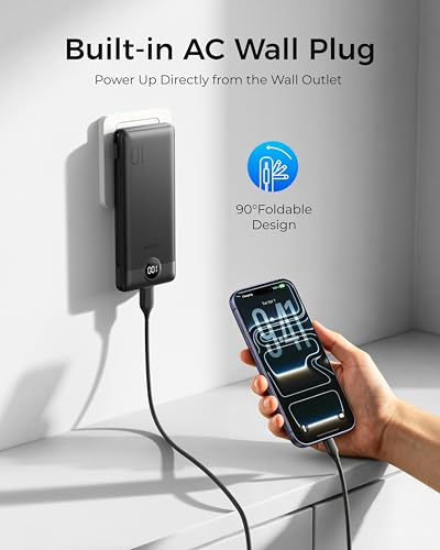 Image of VEGER Portable Charger with Built-in AC Plug and Cables, All in One 10000mAh Ultra Slim Power Bank Travel Essentials, USB C External Battery Pack Compatible with iPhone, Samsung, Android, Black
