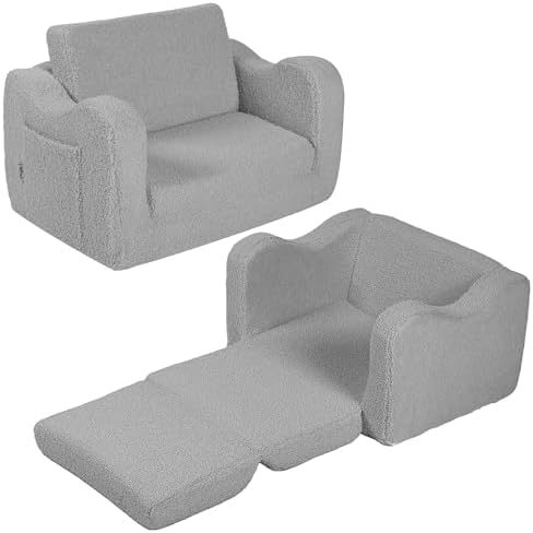 Kids 2-in-1 Flip Open Toddler Couch - Converts To Lounger, Sturdy Wooden Frame, High-Density Sponge, Detachable Cover