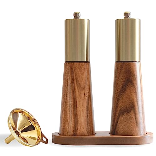 Goldfarbene Salz- und Pfeffermühlen-Set mit Holzbasis, kostenloser goldfarbener Trichter, manueller Salzstreuer und Pfeffermühle, verstellbare Dicke, geeignet für die Küche (Salz- und Pfeffermühle)