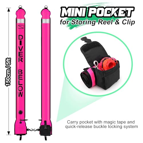Image of Surface Marker Buoy Scuba with Reel, 5ft High Visibility Diving Open Bottom Signal Tube Safety Sausage with Pouch Bag, 100ft ABS Dive Reel and Steel Double-Ended Bolt Snap (Hi-Vi Pink)