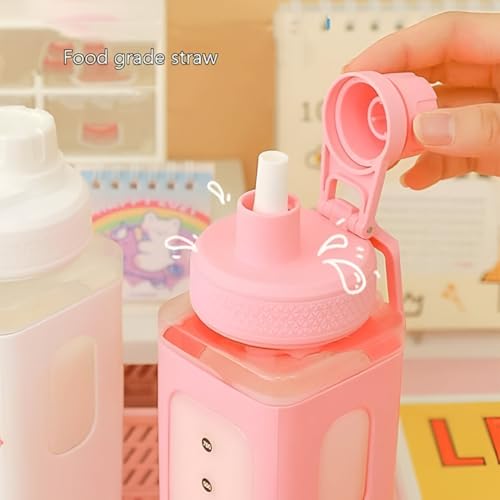 Image of LHOTSE FreeSip Cute Square Water Bottle for School with Straw & Leakproof Lid - Large Capacity Kawaii Bottle for Kids, Girls & Office Use (Pink)