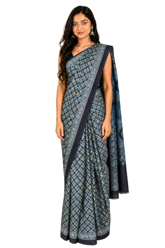 Image of Ethnics of Kutch Womenss Ajrakh Modal Silk Natural Dye Hand Block Print Saree with Blouse Piece - 5.5 Mtr Length