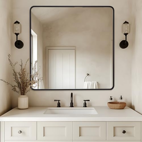 Image of ANDY STAR 36X36 Inch Square Black Bathroom Mirror, Matte Black Vanity Mirrors for Wall, Rounded Square Mirror for Bathroom, Seamless Tube Metal Frame, 1'' Deep Wall Mounted Vertical /Horizontal