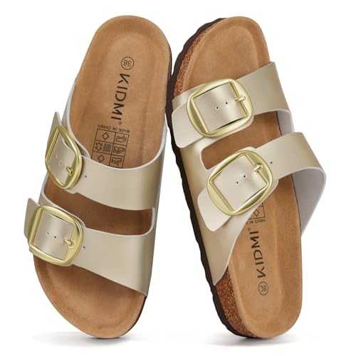 Image of KIDMI Women's Cork Footbed Slide Sandals Comfortable Arch Support Outdoor Sandal with Big Adjustable Buckle for Summer
