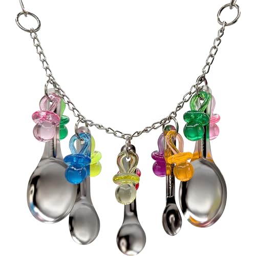 1969 Spoon Pacifier Shine - Handcrafted with Stainless Steel Spoons, Acrylic link chain and Acrylic Pacifiers, Shiny and noisy, Great for Medium size birds African Greys Conures Amazons and More