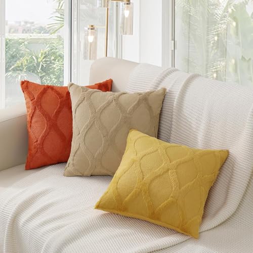 decorUhome Fall Throw Pillow Covers 18x18 Inch Set of 2, Soft Plush Faux Fur Wool Rust Couch Pillow Covers, Decorative Neutral Pillow Cases for Bed Sofa Living Room Home Decor