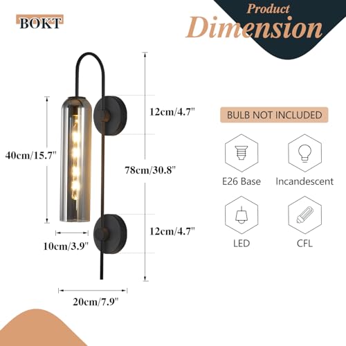 Image of BOKT Modern Black Long Wall Sconce 1-Light Smoke Glass Indoor Bathroom Wall Light Mid Century Minimalist Wall Sconce Industrial Bedroom Bar Wall Lamp (Smoke Gray)