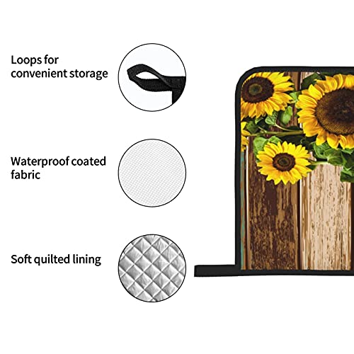 Oven Mitts And Pot Holders Set Rustic Wood Sunflower High Heat Resistant Oven Mitts With Oven Gloves And Hot Pads Potholders For Kitchen Baking Cooking Grilling 4 Piece Non-Slip Cooking Mitts #TOP5