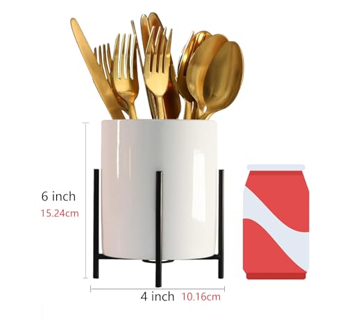 Cutlery holder,Flatware Organizer for kitchen and Dining Room,White Ceramic with Metal Stand Cutlery Racks(10 * 15cm)