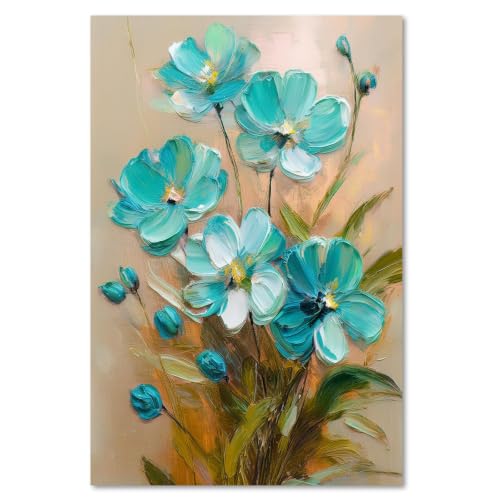 Lienzo de flores turquesas abstracto, obra de arte de 50 x 70 cm para dormitorio