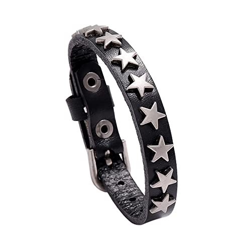 NIGHTCRUZ Punk Leather Bracelet Star, Vintage Leather Cuff Wristband with Belt Buckle