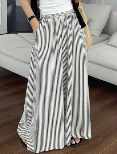 CHARTOU Women Summer Stripes Wide Leg Pants Casual Loose Fit Elastic High Waist Baggy Pants with Pockets3
