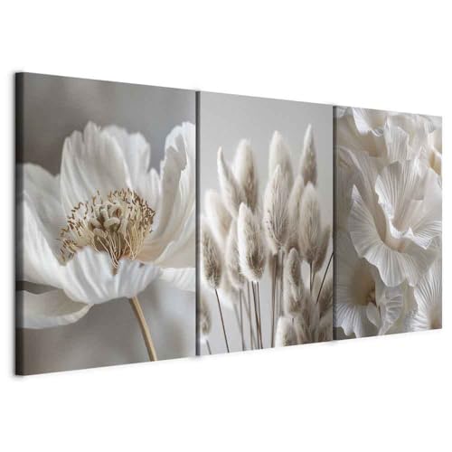 Cadre pour salon et chambre tableau triptyque fleurs blanches 120x60 cm