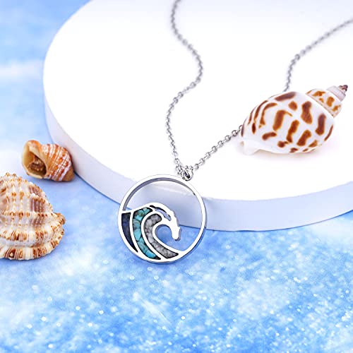 Lauren-Spencer Ocean Wave Pendant Necklace for Women, Ocean Beach Themed Jewelry Gifts for Women, Turquoise Sodalite Chips Stainless Steel Necklace, Blue Surf Necklace for Women2