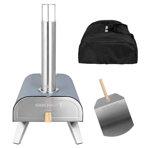George Foreman Outdoor 12" Wood Pellet Portable Wood Fired Pizza Oven in Grey with Paddle and Carry Bag, BBQ Oven & Smoker, Foldable Legs GFWPPO1GPC