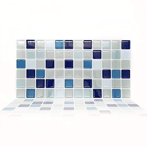 WALPLUS Blue Sea Mosaic 12 Sheets Glossy 3D Tile Stickers 30x15cm Wall Splashbacks Vinyl Stick on Tiles Backsplash Peel and Stick Bathroom Kitchen Decor Tile Paint Spring Easter Decoration