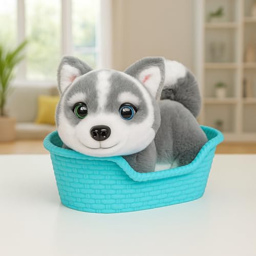 Little Live Pets My Really Real Puppy Minis – Aurora der Husky, interaktiver Puppy mit 20+ Geräuschen und Reaktionen, inklusive Korb zum Präsentieren, niedliches Geschenk für Kinder (11 cm groß)