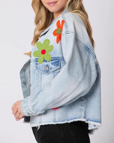 Women Y2K Long Sleeve Button Down 3D Flower Patchwork Crop Raw Hem Denim Jacket Washed Distressed Jean Jacket3