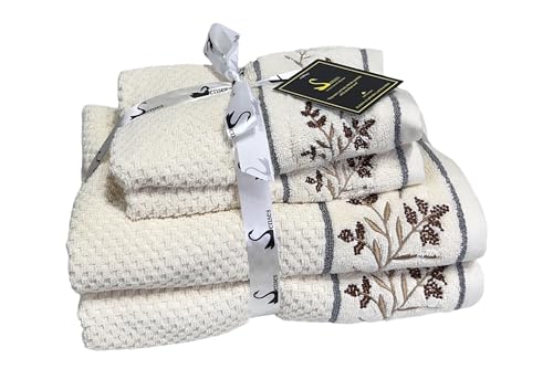 Image of SENSES By Riba Cotton Embroidered Towel Set, 550 GSM Soft & Absorbent, Antimicrobial, Oeko-Tex Certified | Ideal for Home & Gifting, Pack of 4 (2 Bath 27 inchX50 inch + 2 Hand Towels 16 inchX26 inch) - Style 20