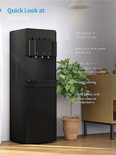 Image of TABU Bottom Loading Water Cooler with 3 Temperature-Hot, Cold, Room Settings, 3 or 5 Gallon Bottle Freestanding Water Dispenser with Child Safety Lock, Anti-Scalding, for Home /Office,Black