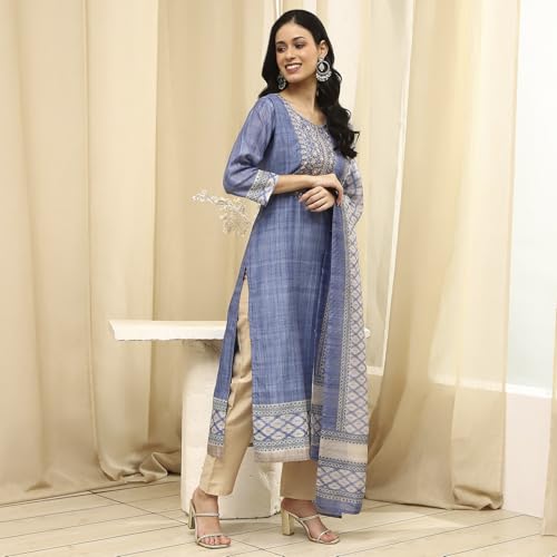 Image of BIBA Women Beige Cotton Machine Embroidered Unstitched Suit Set