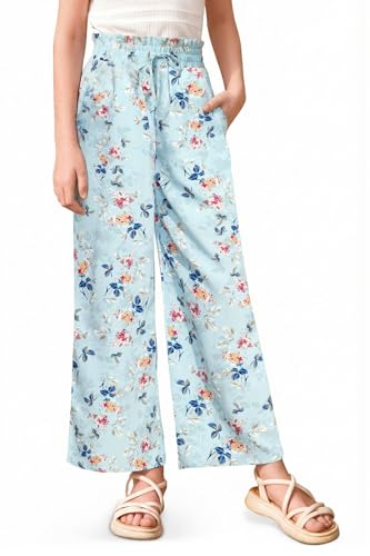 Image of Girls Summer Floral Wide Leg Pants High Waisted Flowy Dress Trousers with Pockets for School Lounge Beach 5-14 Years