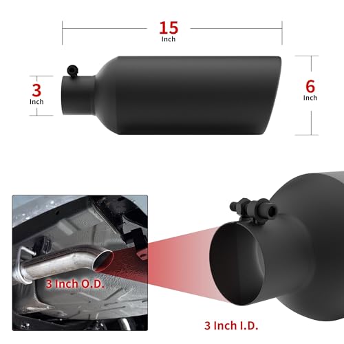 Richeer 3 to 6 inch Exhaust Tip, 3" inlet 6" Outlet 15" Overall Length,Stainless Steel with Black Surface Polished Finish, Universal for Vehicles with 3" O.D. Exhaust Tailpipe, Rolled Edge, Bolt on by Richeer - Used condition - Image 2