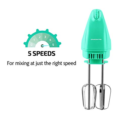 Image of OVENTE Portable Electric Hand Mixer 5 Speed Mixing, 150W Powerful Blender for Baking & Cooking with 2 Stainless Steel Chrome Beater Attachments & Snap Clear Case Compact Easy Storage, Turquoise HM161T