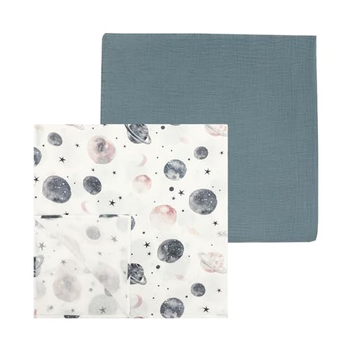 Image of insular Muslin Swaddle Blankets for Boys Girls, 2 Pack Receiving Baby Blanket Large 47 x 47 inches, Soft Breathable Swaddling Wrap for Unisex Newborn, Space&Blue