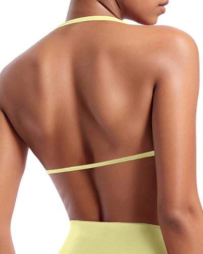 Image of OMKAGI Halter Sports Bras for Women Padded Strappy Bra Open Back Workout Gym Crop