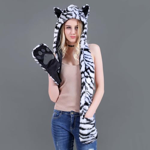 Animal Hood Hoods Furry Hoodie 3 in 1 Function Faux Fur Full Hood Hat Winter Warmer Cap Mittens Gloves Scarf Paws Ear2