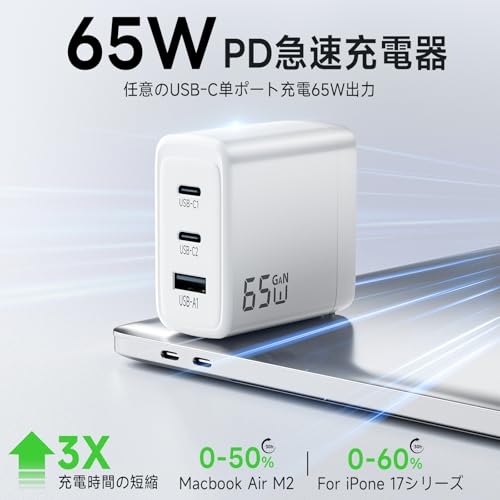 PD 65W 急速充電器 type-c【3台同時に急速充電・超軽量】2M type-c ケーブル付きタイプC GaN II採用 携帯充電器 3ポート「各Cポートで65W」スマホ充電器 小型 折りたたみ式プラグ 旅行に最適【PSE認証済/PD3.0/QC3.0/PPS対応】ノートPC Pro/Pad/For iPhone 17/16/15 Android の他USB-C/USB-A機器対応