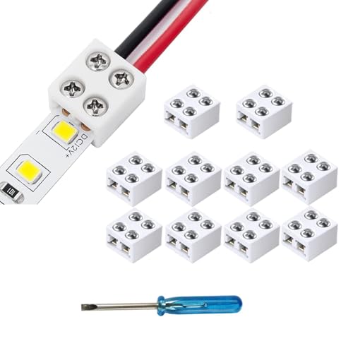 YUTOKEER 10 unidades, 2 pines, 10 mm, sin soldadura, tira LED, conector de tornillo, para tiras de luces de cinta a cable, 5 V, 12 V, 24 V, incluye destornillador
