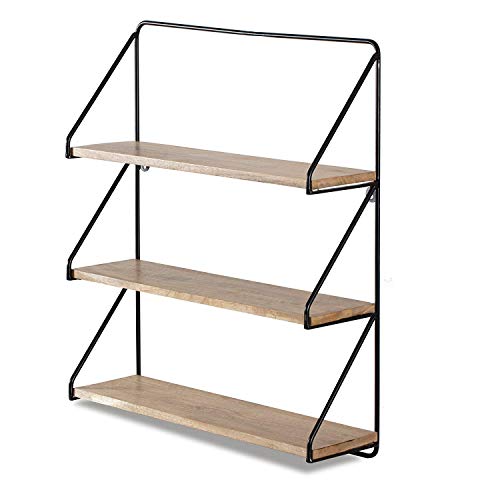 Image of INDIAN DECOR 284836 Three Tier Floating Wall Shelf Black | MDF Wooden Floating Shelves | Designer Three Tier Shelves with Metal Rail | Floating Shelf Kitchen, Bathroom, Hallway, Bedroom