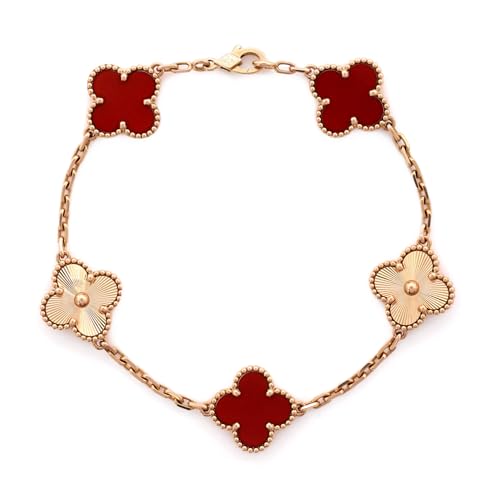 Van Cleef & Arpels, Pre-Loved Vintage Alhambra 5 Motifs Bracelet Guilloche 18K Rose Gold and Carnelian, Rose Gold