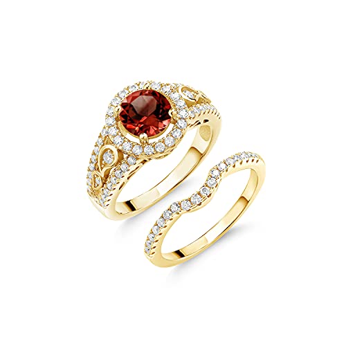 Gem Stone King 18K Yellow Gold Plated Silver Women Wedding Engagement Ring Band Bridal Set Round Red Garnet and Moissanite | 1.94 Cttw | Gemstone Birthstone | Available In Size 5, 6, 7, 8, 9