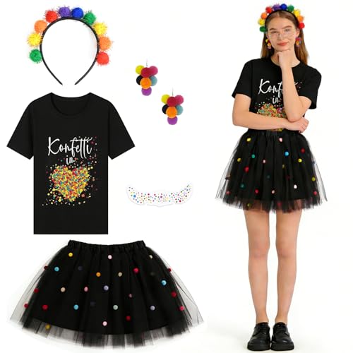 DAZZTIME Karneval Kostüm Damen 5 Stück Konfetti im Herzen Fasching Karneval Konfetti Kostüm Outfit T-Shirt Fastnacht T-Shirt Haarreif Mit Pompoms Bunt für Karneval Halloween Fasching Mottoparty