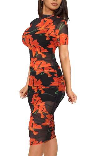 Image of Atyfuniby Women's Sexy 3 Piece Outfits Mesh See Through Ruched Midi Dresses + Crop Tank Tops + Skinny Shorts Sets Clubwear