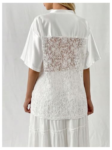 GORGLITTER Women's Floral Lace Jersey Shirts Graphic Y2k Satin Silky V Neck Half Sleeve Tee Tops3