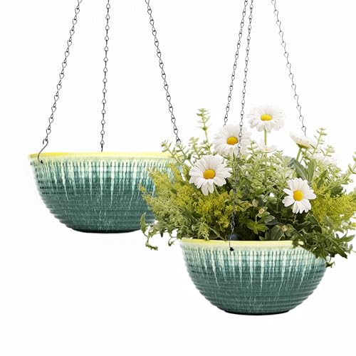 LESOASIS 10inch Hanging Planter, 2 Pack Hanging Planters for Indoor and Outdoor Plants, Glazed Hanging Plant Holder with Drainage, Indoor Hanging Flower Pots for Garden Home (Green Glaze)