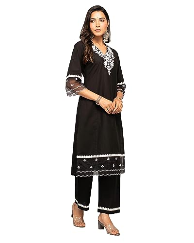 Image of FIORRA Women's Balck Cotton Floral Embroidery Straight Kurta with Palazzo