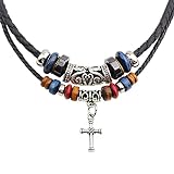ONLYJUMP Bohemian Double Layers Leather Necklace for Men Women Vintage Boho Tribal Ethnic Wood Beads Braided Adjustable Hipppie Cross Hemp Cords Pendant Charm Choker Jewelry (Cross)